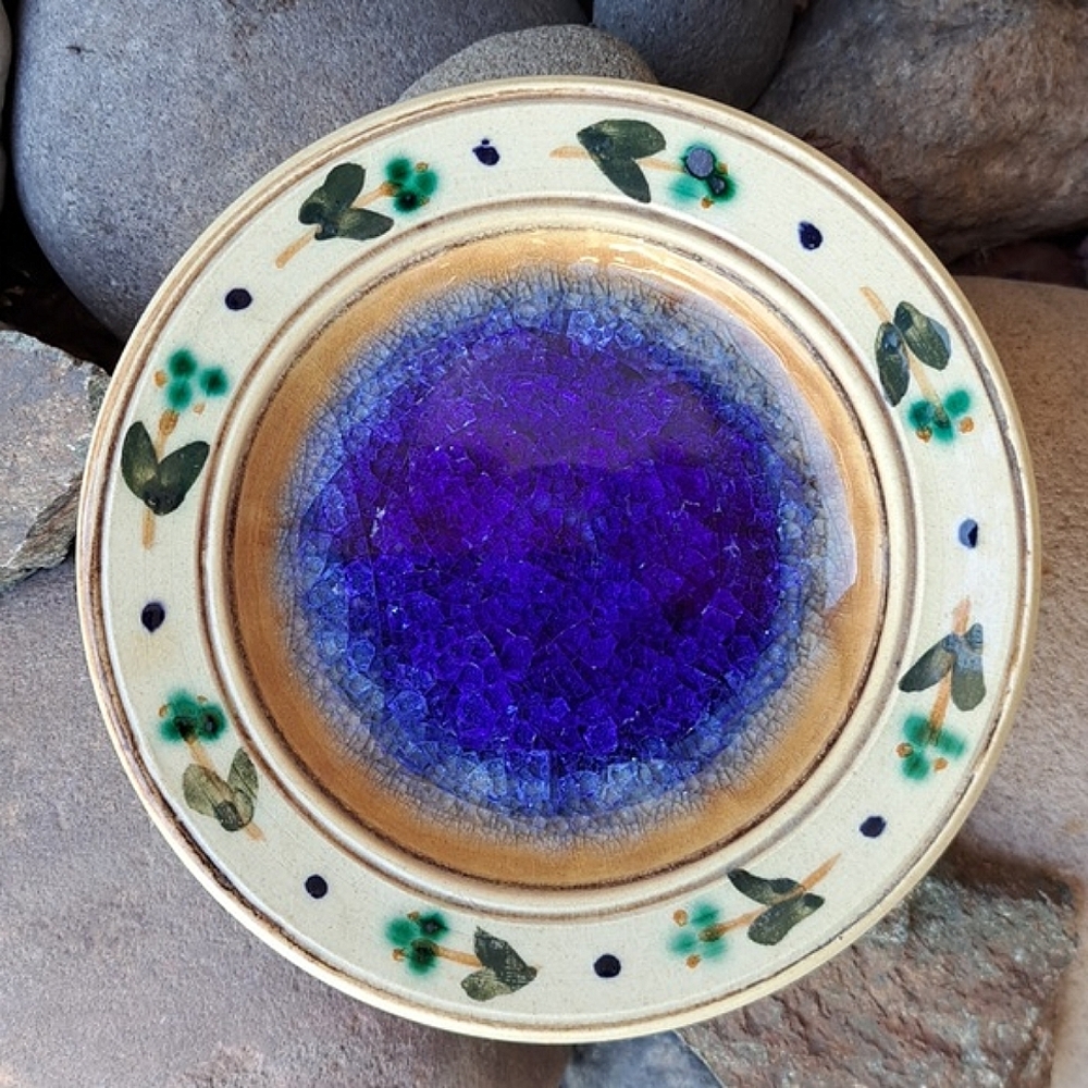 Vtg Signed Lösel German Pottery Art Dish Indigo Blue Crackle Glass Wall Ceramics